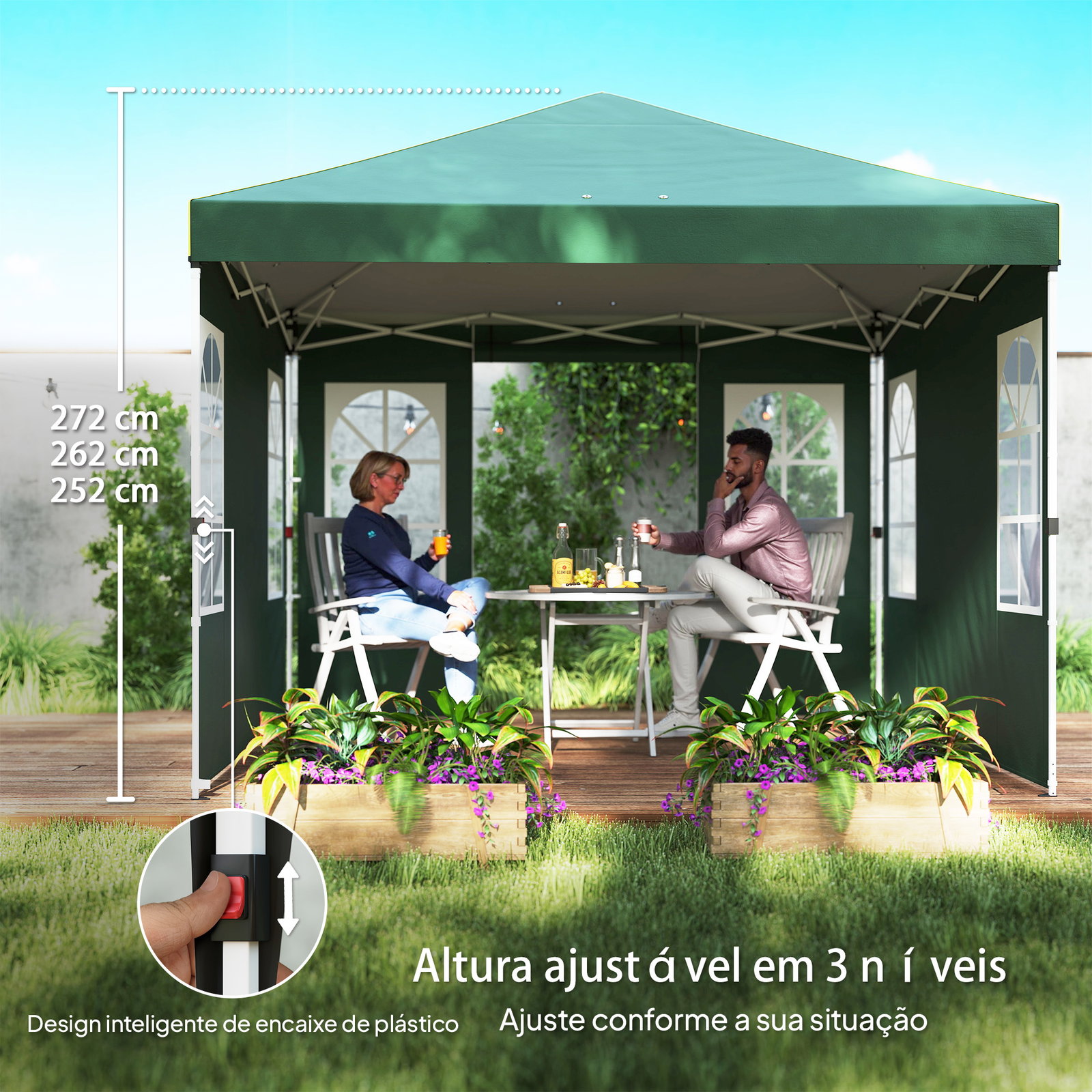 Tenda dobrável 3x3 m pop-up com upf50+ 4 laterais removíveis altura ajustável e bolsa de transporte verde