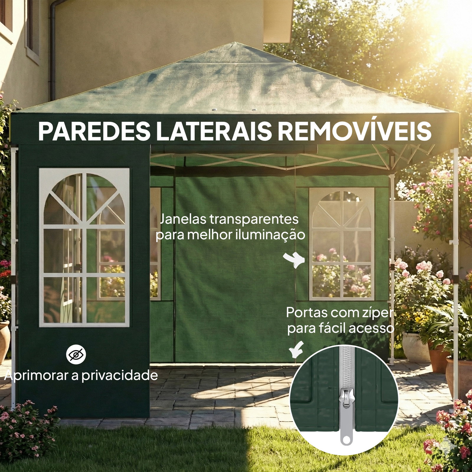 Tenda dobrável 3x3 m pop-up com upf50+ 4 laterais removíveis altura ajustável e bolsa de transporte verde
