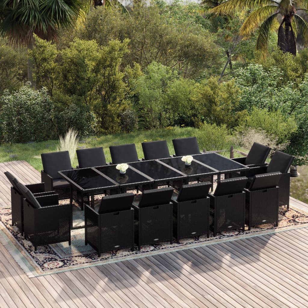 15 Pcs conjunto jantar p/ jardim c/ almofadões vime PE preto