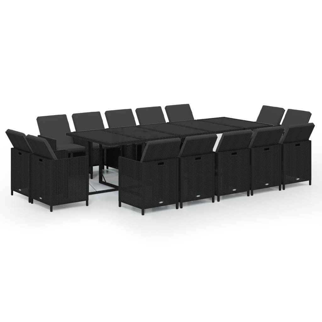 15 Pcs conjunto jantar p/ jardim c/ almofadões vime PE preto