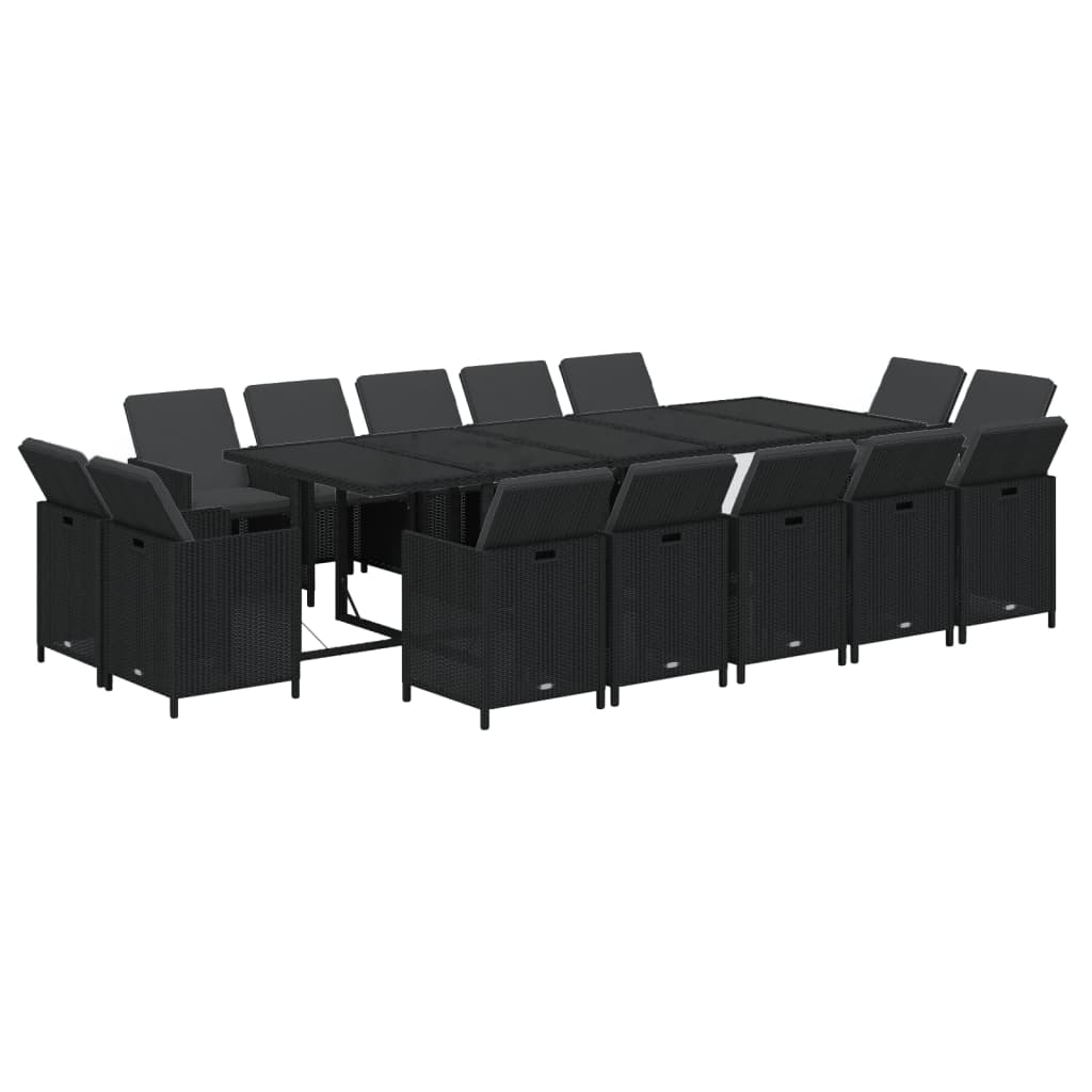 15 Pcs conjunto jantar p/ jardim c/ almofadões vime PE preto