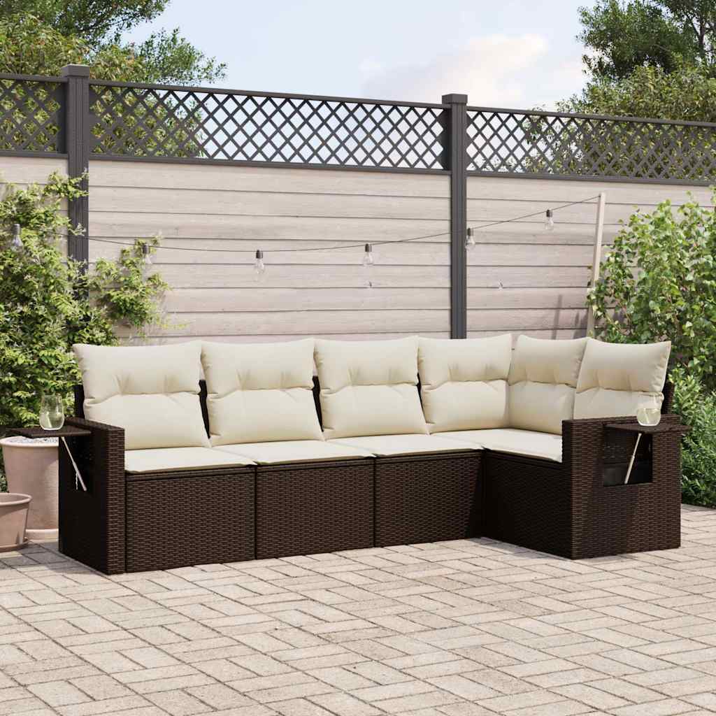 5 Pcs conjunto sofás p/ jardim c/ almofadões vime PE castanho