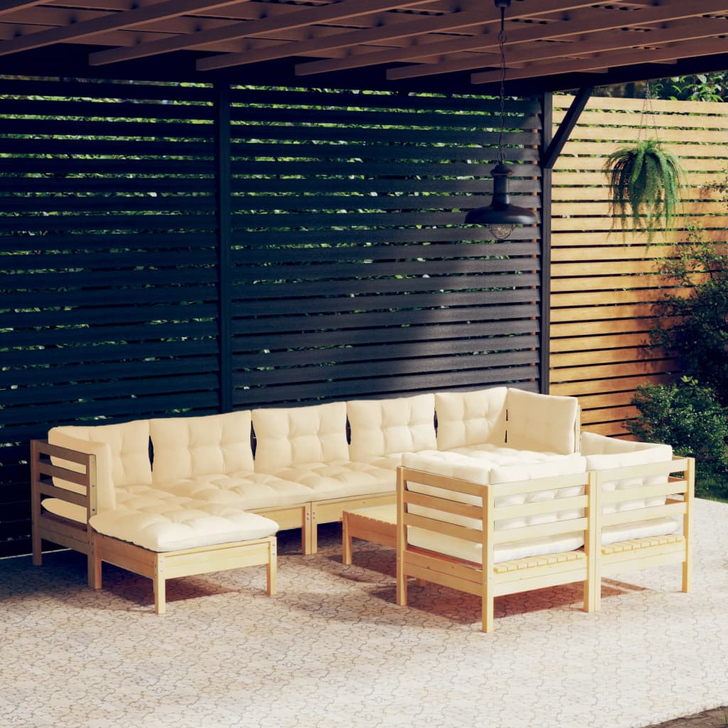 10 Pcs conjunto lounge jardim c/ almofadões creme pinho maciço