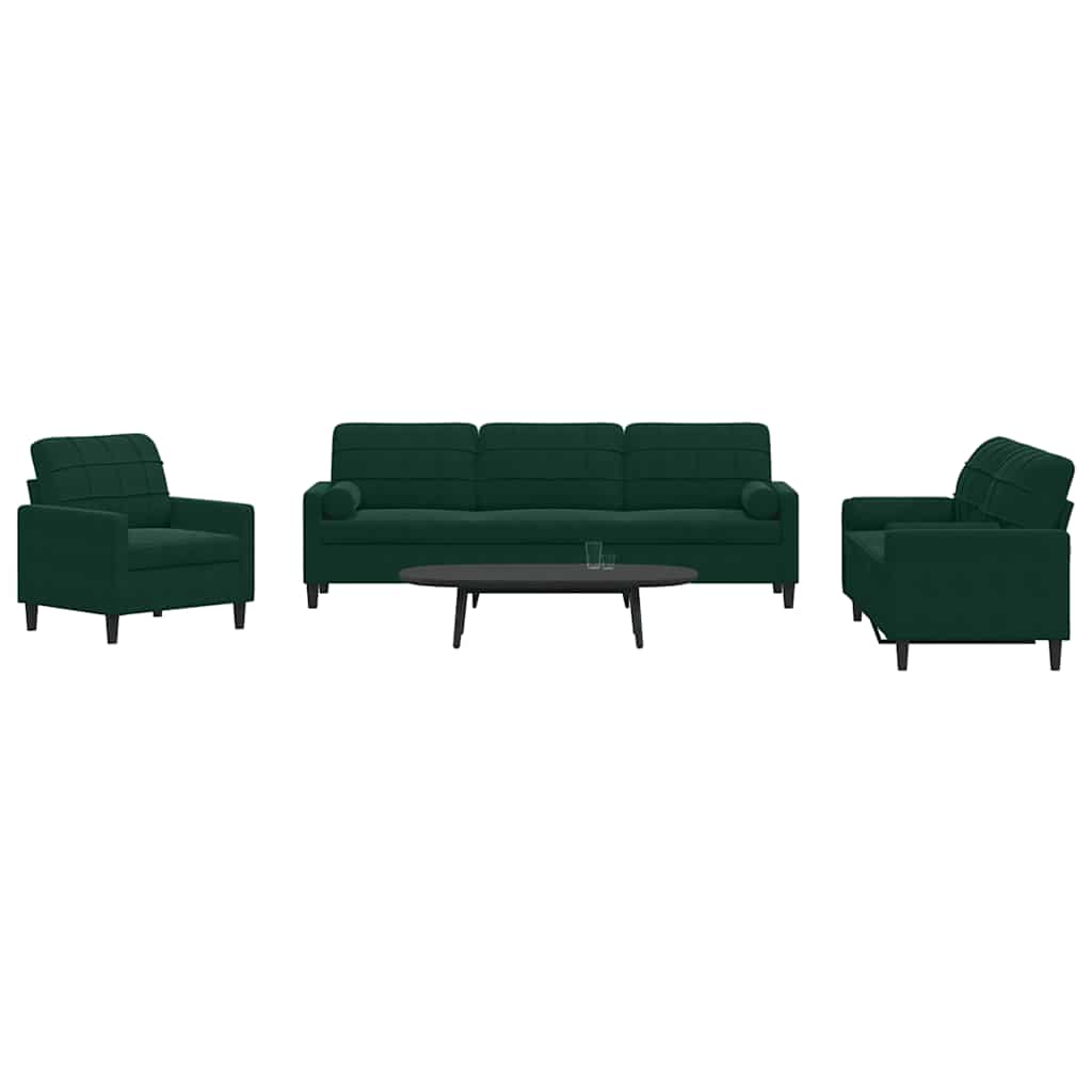 3 Pcs conjunto sofás com almofadões e rolos veludo verde-escuro