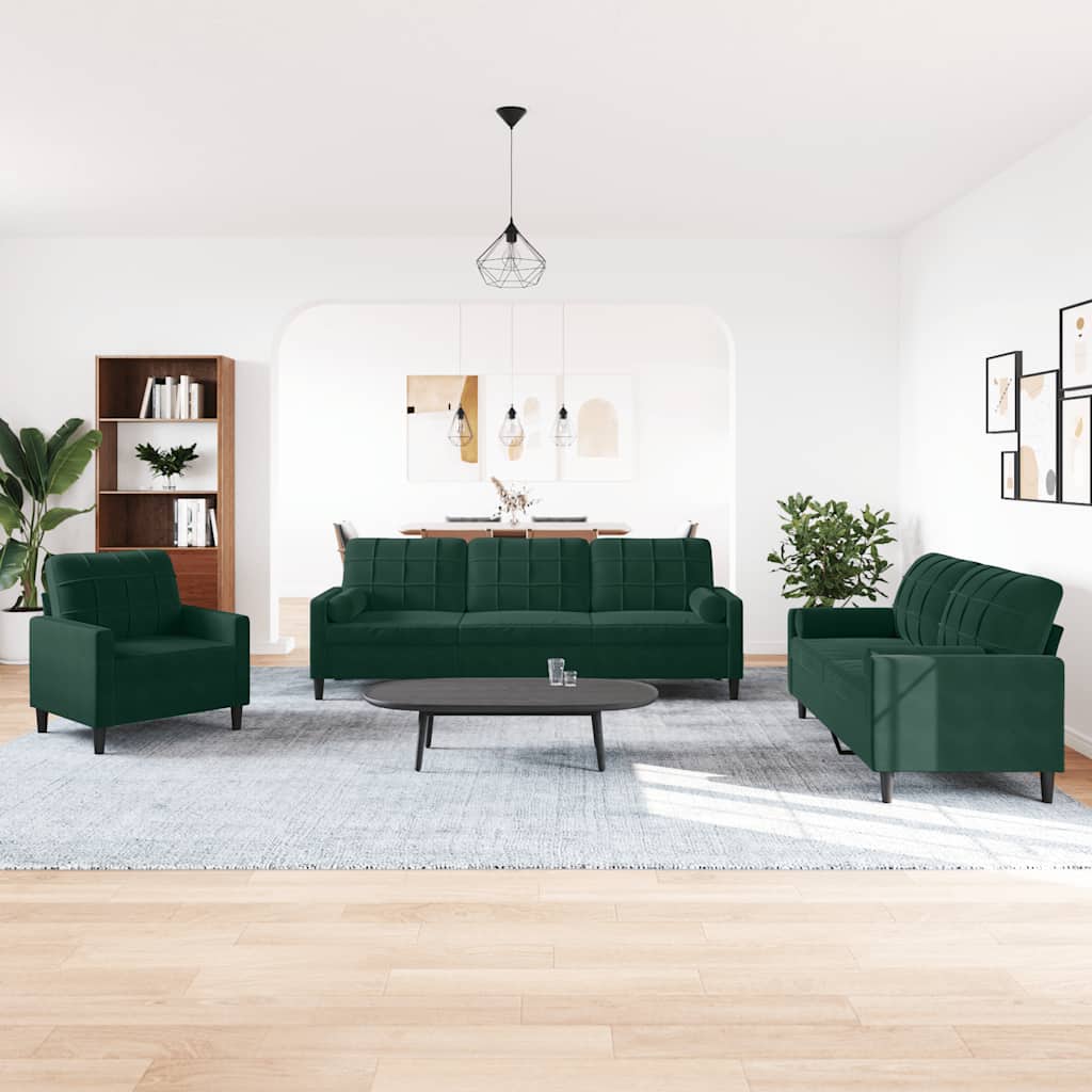 3 Pcs conjunto sofás com almofadões e rolos veludo verde-escuro
