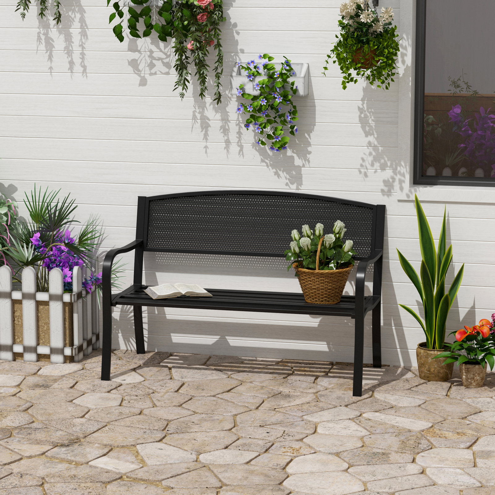 Banco de jardim de 2 lugares banco de exterior com encosto de malha de aço para pátio varanda 127x60x87 cm preto