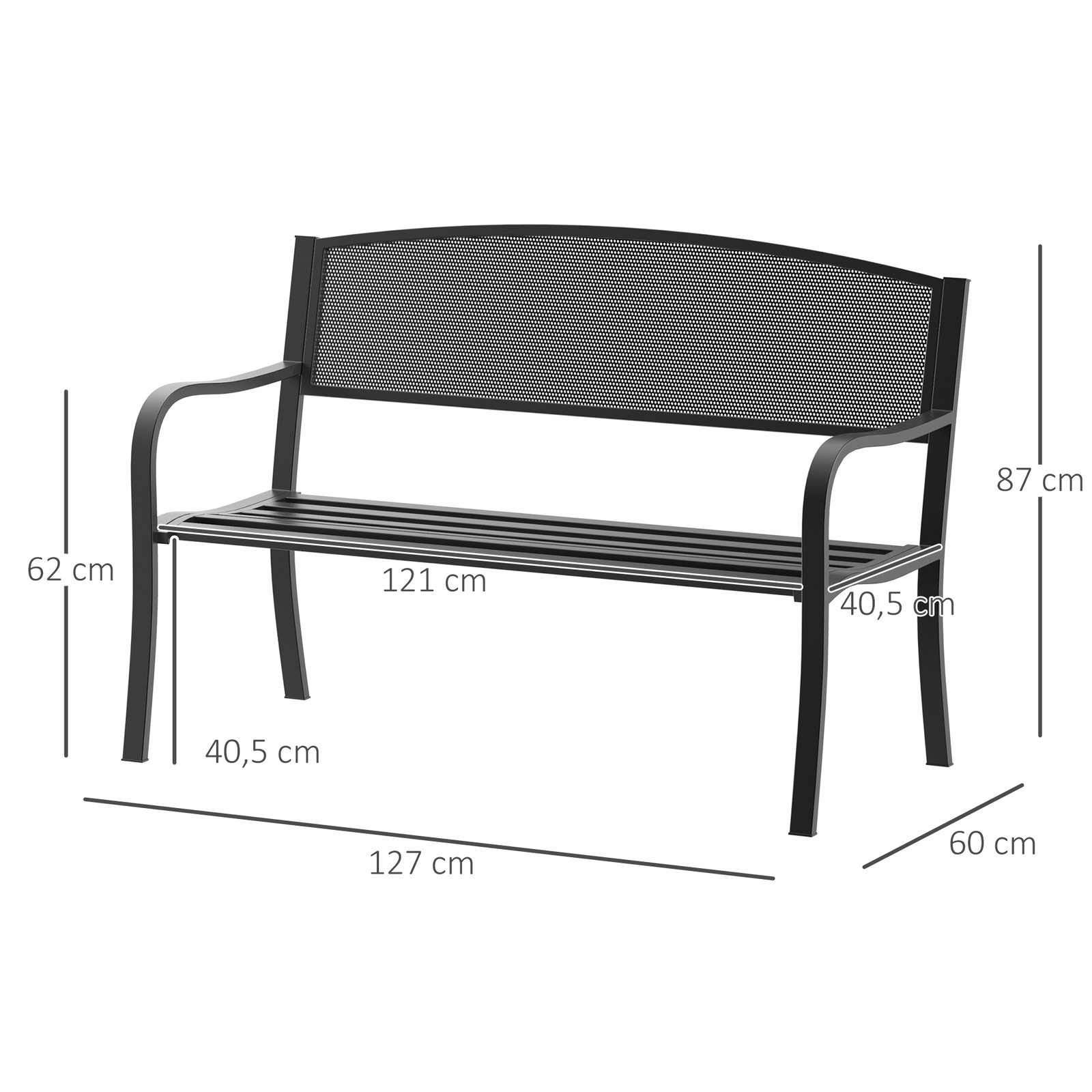 Banco de jardim de 2 lugares banco de exterior com encosto de malha de aço para pátio varanda 127x60x87 cm preto