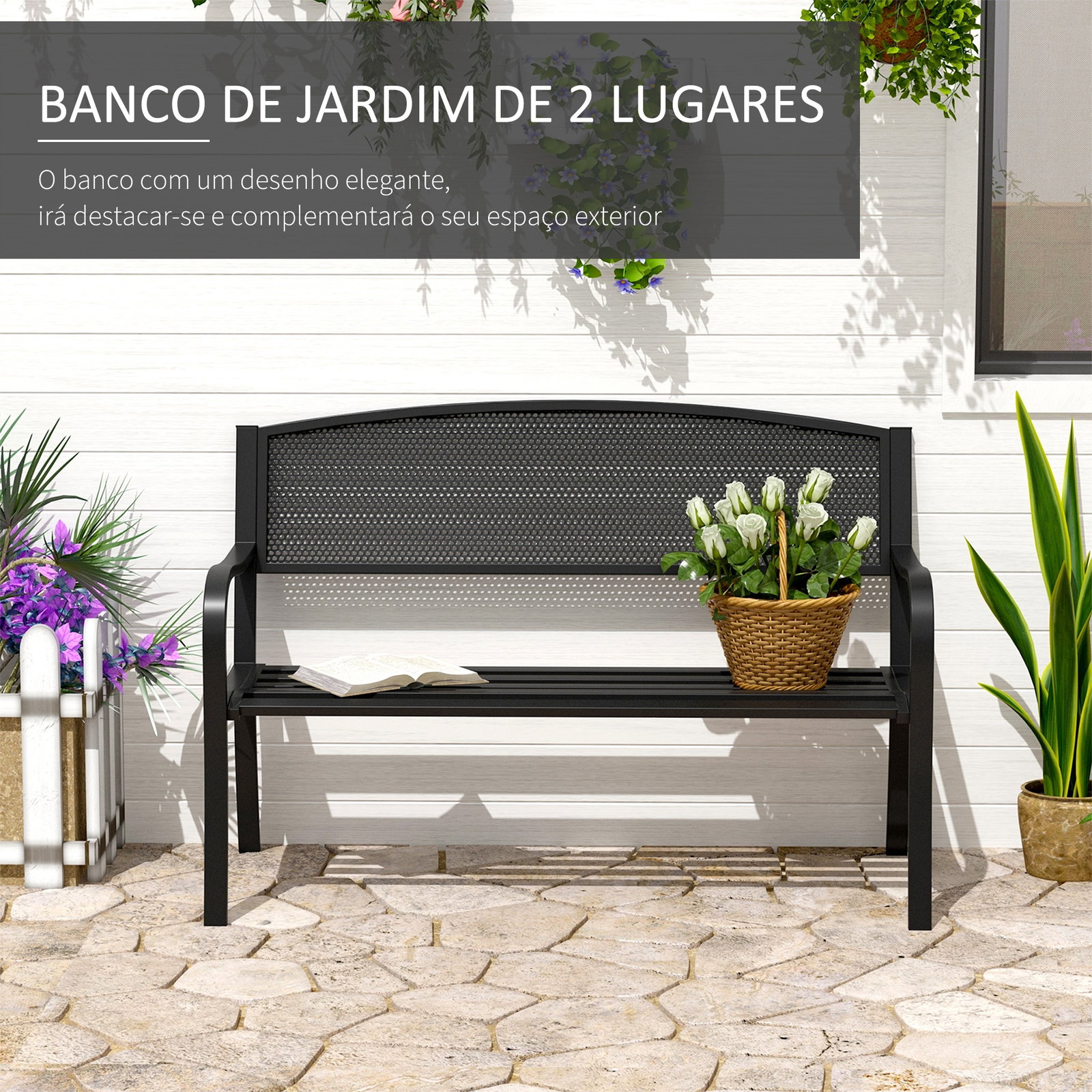 Banco de jardim de 2 lugares banco de exterior com encosto de malha de aço para pátio varanda 127x60x87 cm preto