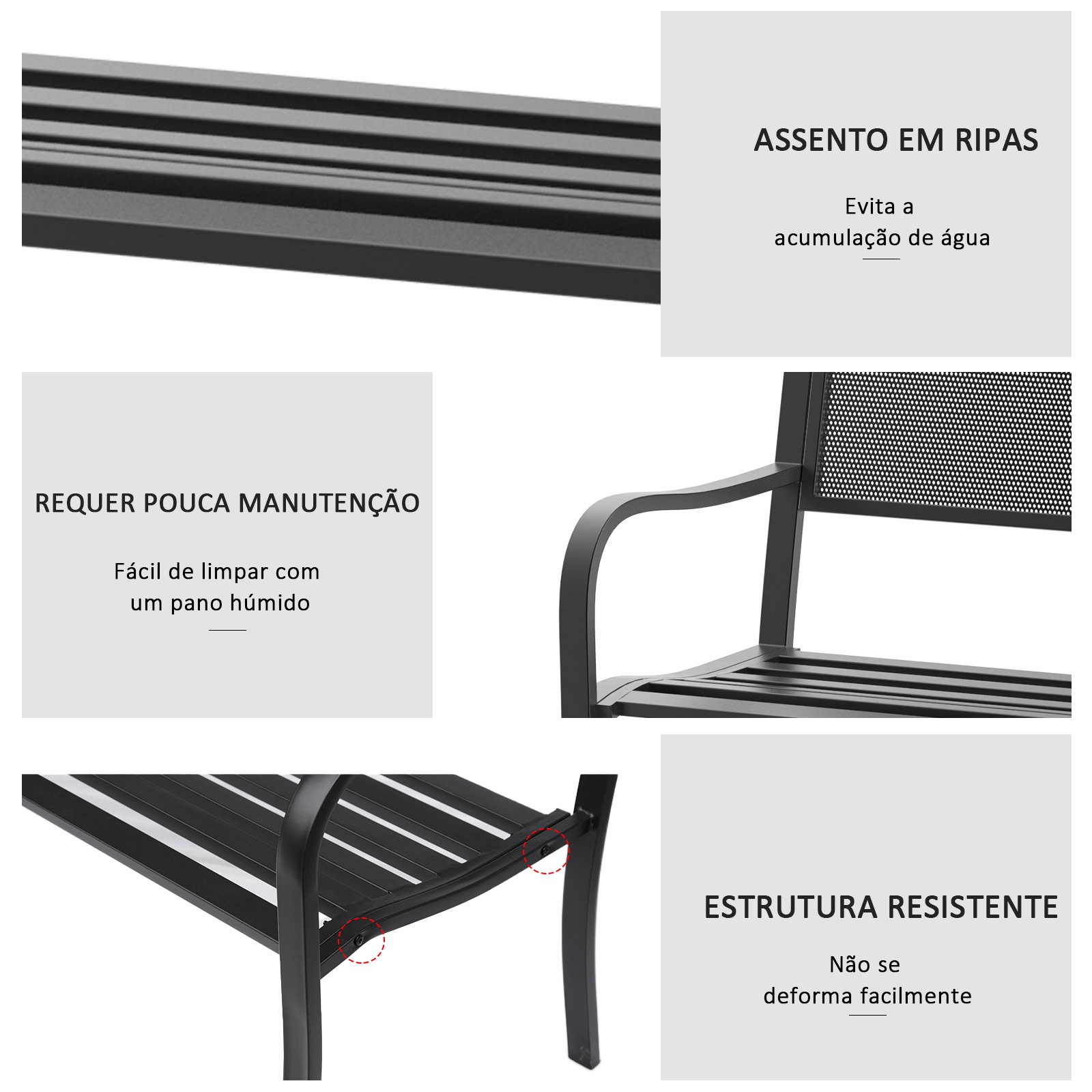 Banco de jardim de 2 lugares banco de exterior com encosto de malha de aço para pátio varanda 127x60x87 cm preto