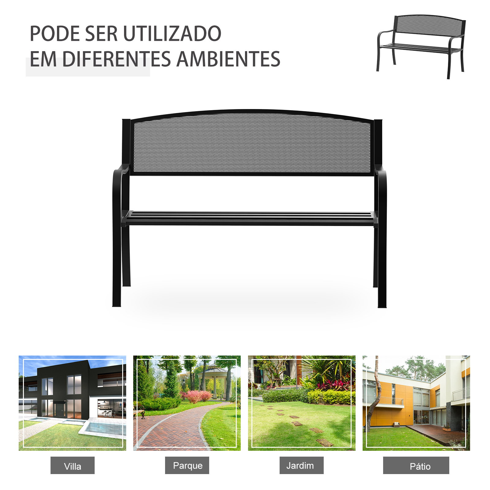 Banco de jardim de 2 lugares banco de exterior com encosto de malha de aço para pátio varanda 127x60x87 cm preto