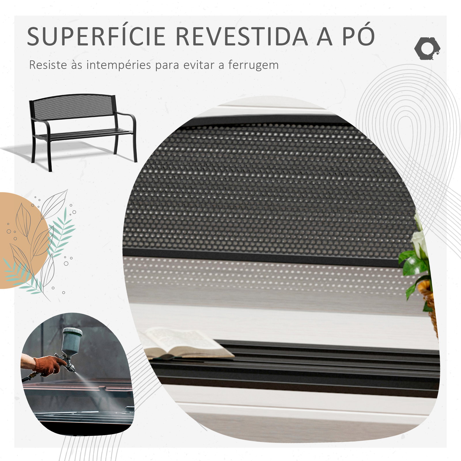 Banco de jardim de 2 lugares banco de exterior com encosto de malha de aço para pátio varanda 127x60x87 cm preto