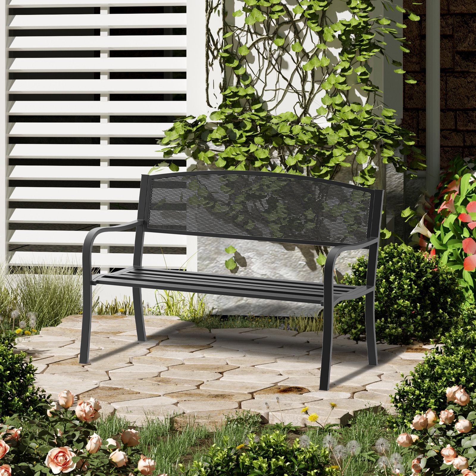 Banco de jardim de 2 lugares banco de exterior com encosto de malha de aço para pátio varanda 127x60x87 cm preto