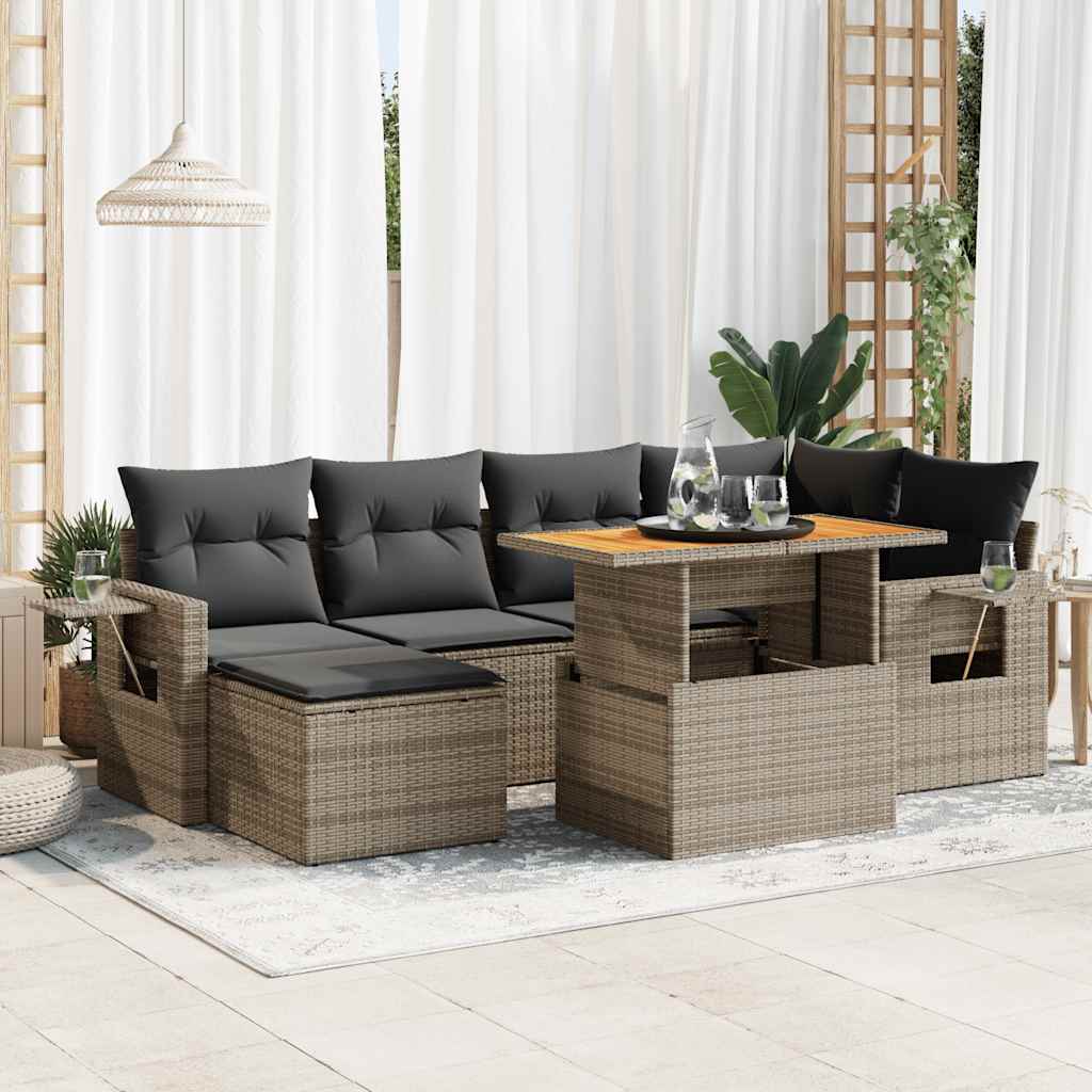 7 Pcs conjunto sofás p/ jardim c/ almofadões vime PE cinzento