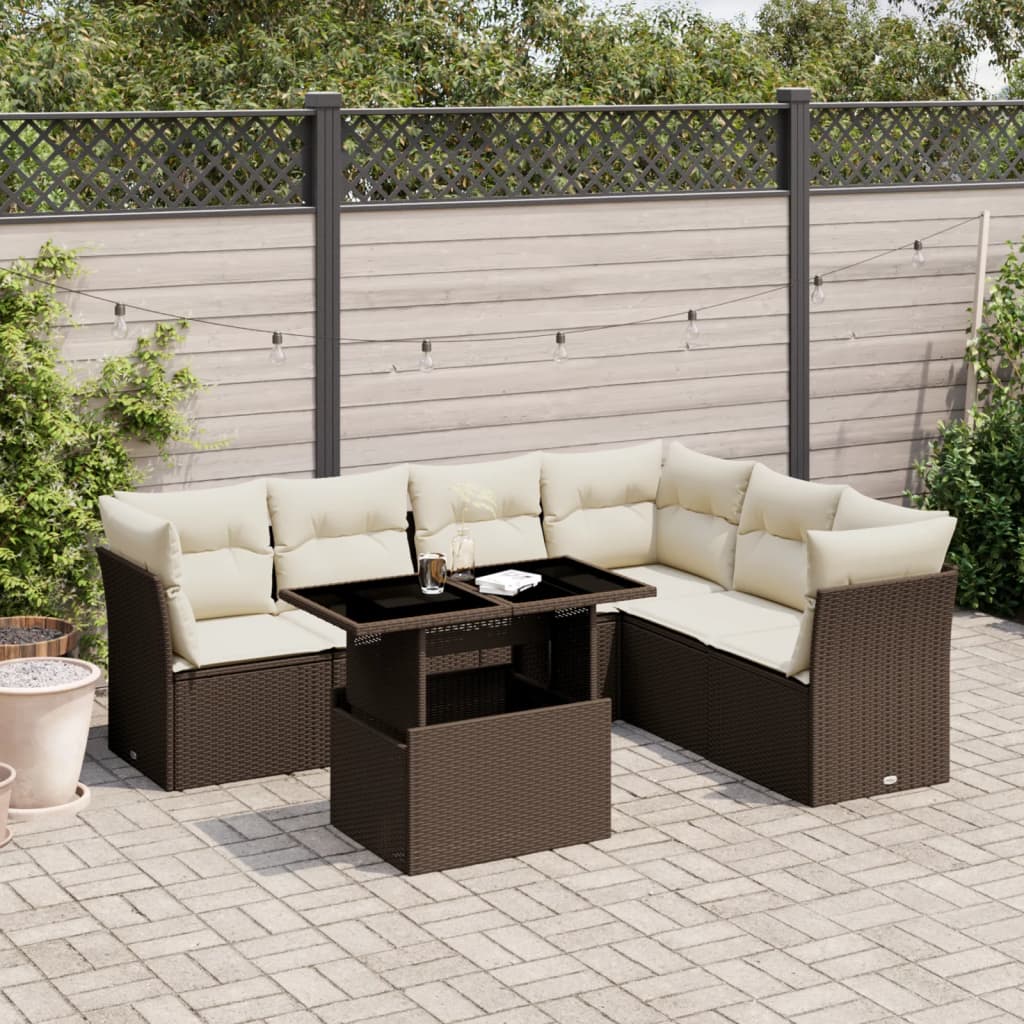 7 Pcs conjunto de sofás jardim c/ almofadões vime PE castanho