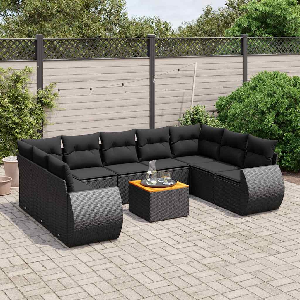 10 Pcs conjunto sofás de jardim c/ almofadões vime PE preto