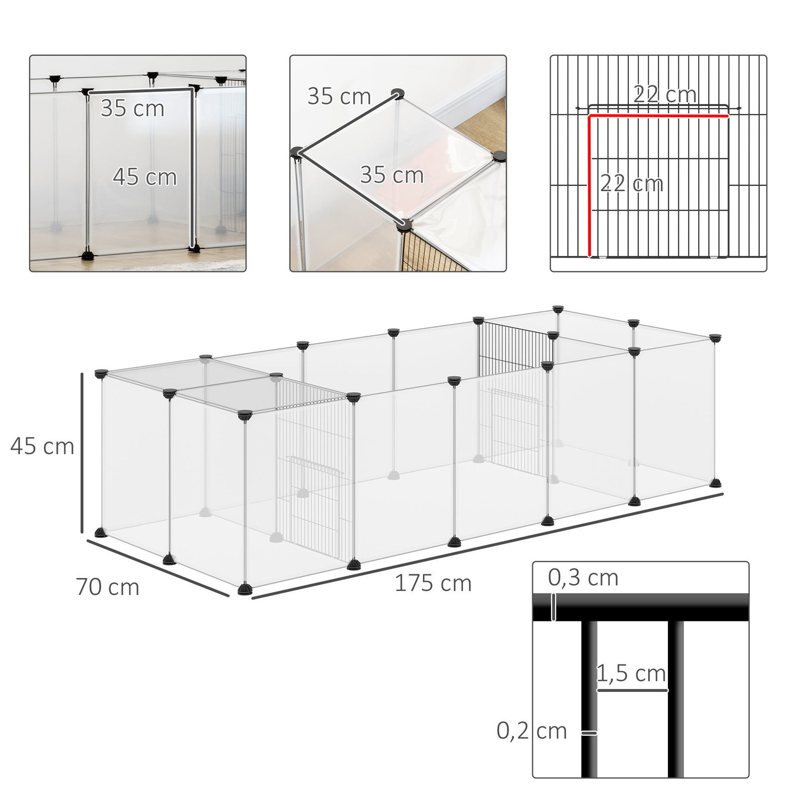 Recinto para animais de estimação DIY com 20 painéis parque para pequenos animais modular 175x70x45 cm translúcido