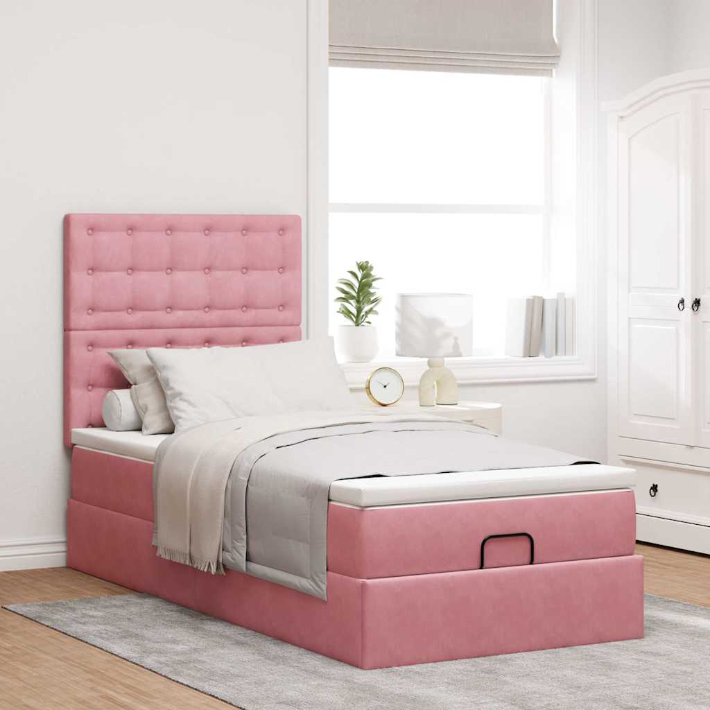Moldura de cama otomana com colchões rosa 100x200cm veludo