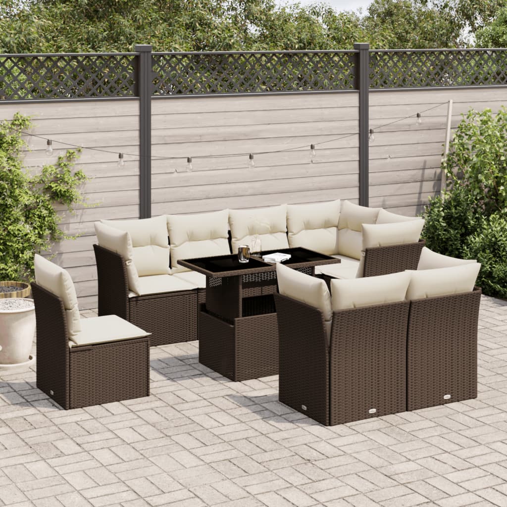 9 Pcs conjunto sofás p/ jardim c/ almofadões vime PE castanho