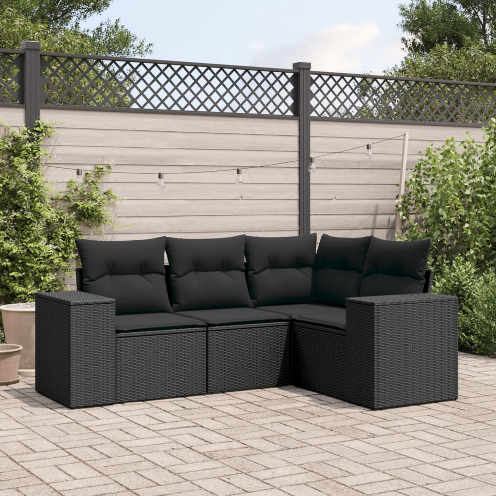 4 Pcs conjunto de sofás para jardim c/ almofadões vime PE preto