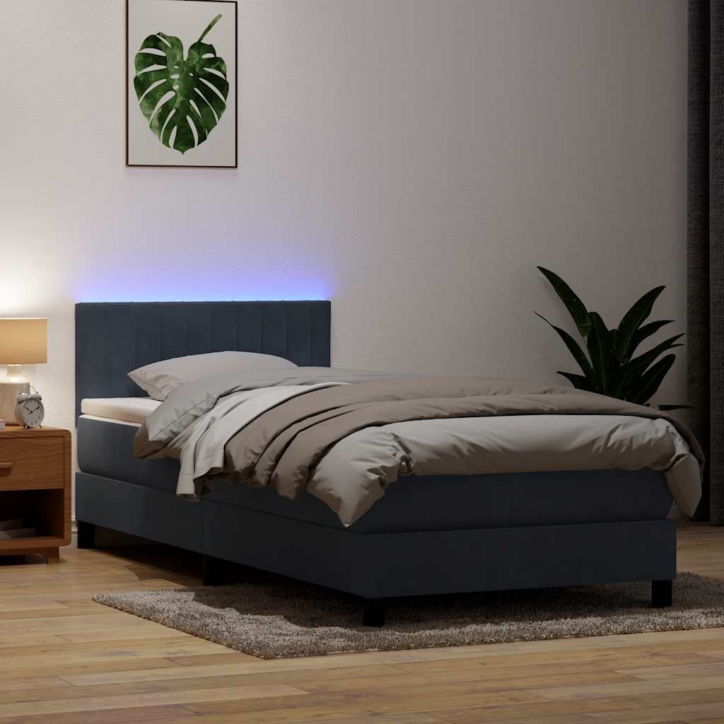 Cama box spring c/ colchão e LED cinza-escuro 80x220 cm veludo