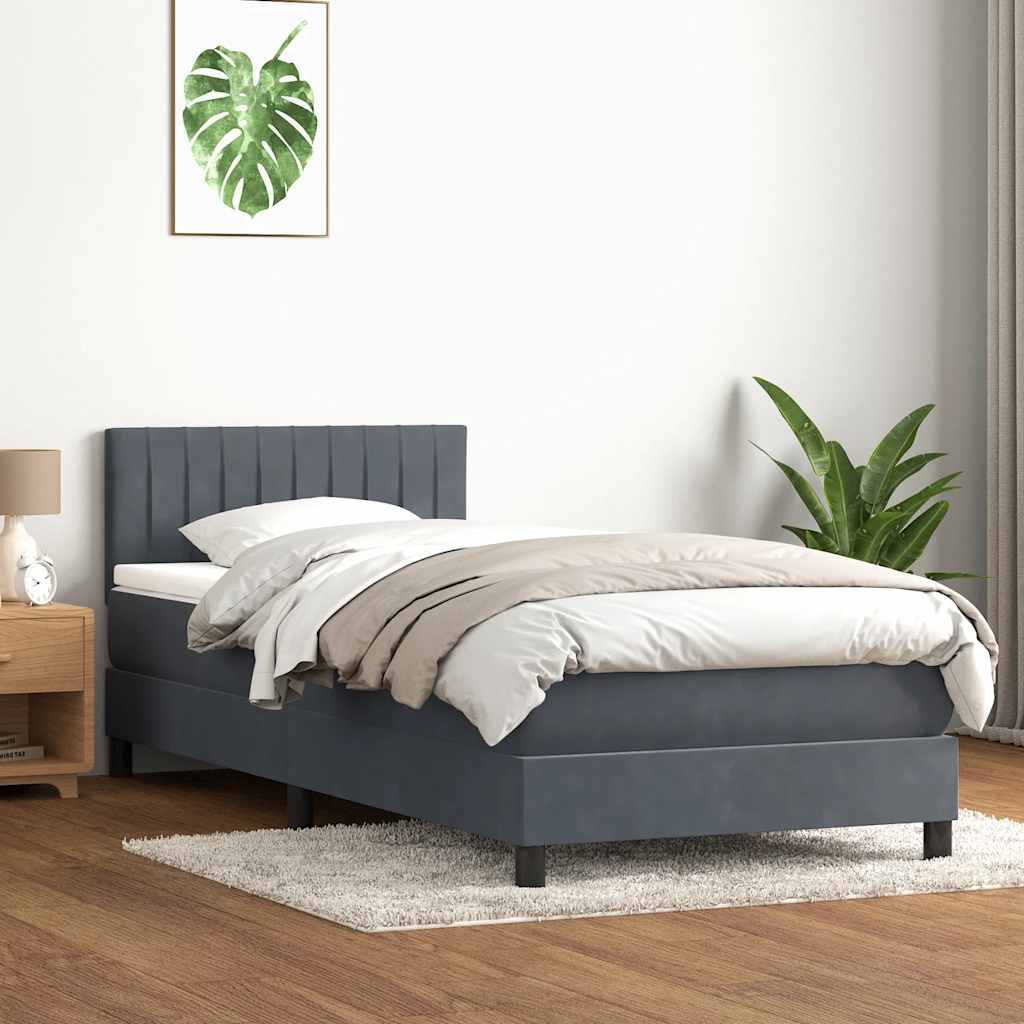 Cama box spring c/ colchão e LED cinza-escuro 80x220 cm veludo
