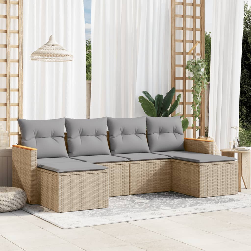 6 Pcs conjunto de sofás p/ jardim com almofadões vime PE bege