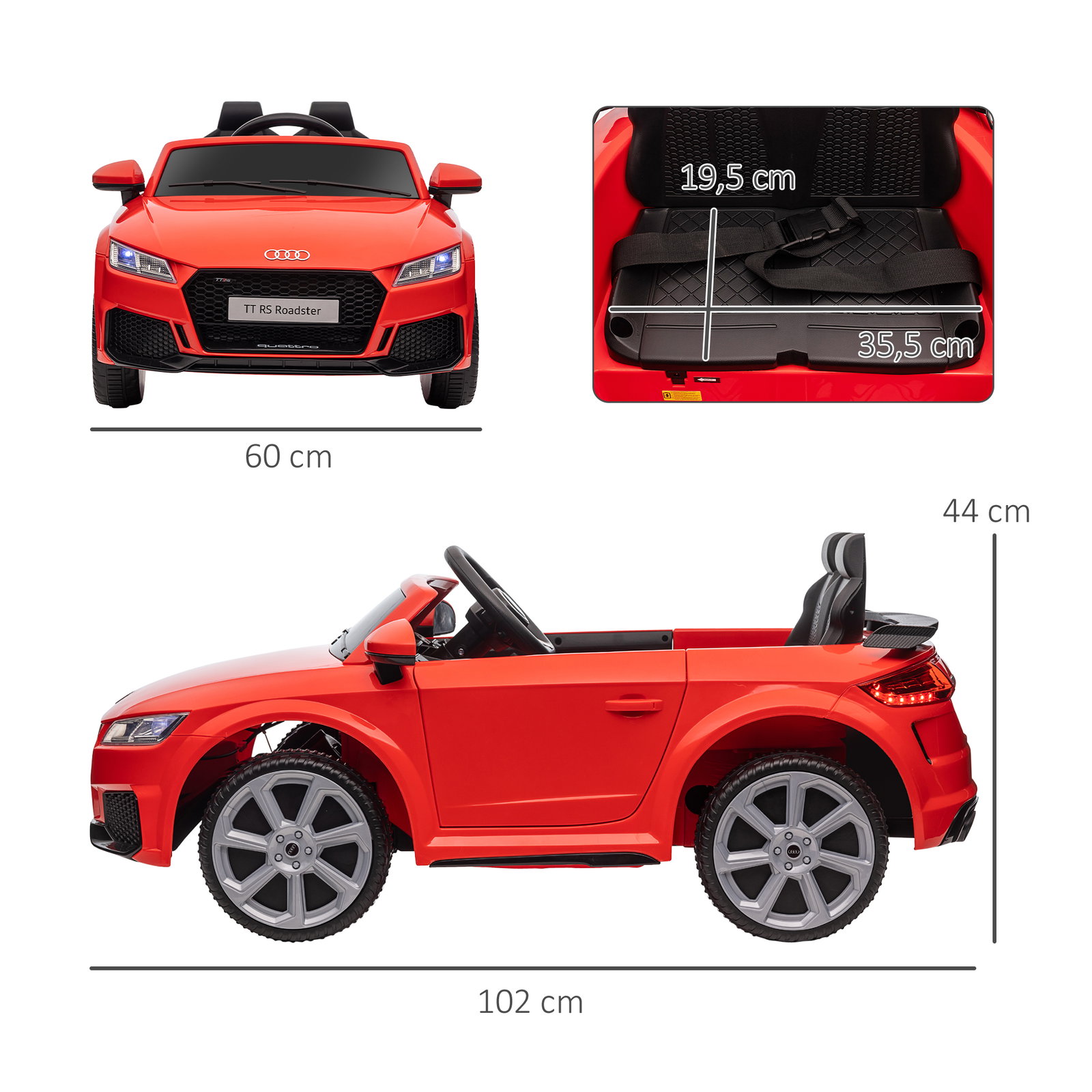 Carro elétrico audi tt para crianças acima de 3 anos com controlo remoto música e luzes bateria 12v 102x60x44 cm vermelho