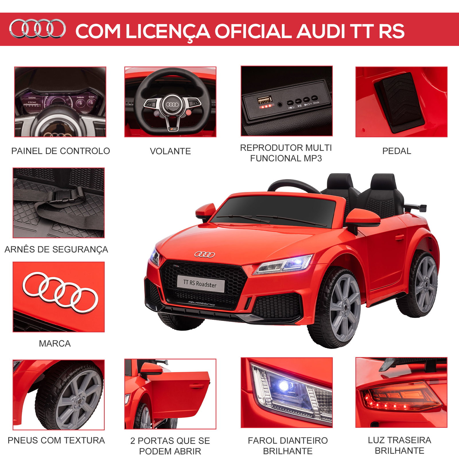 Carro elétrico audi tt para crianças acima de 3 anos com controlo remoto música e luzes bateria 12v 102x60x44 cm vermelho