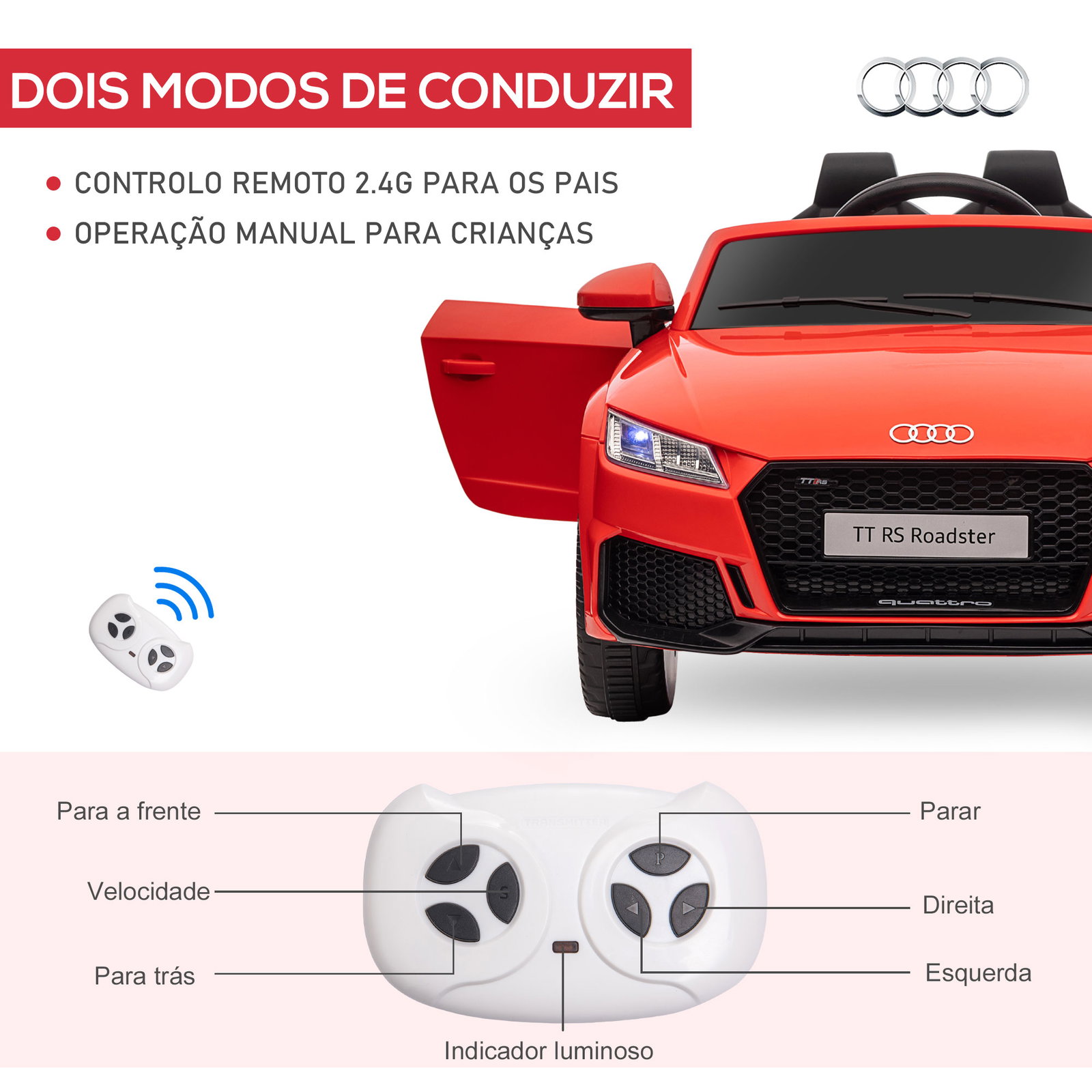 Carro elétrico audi tt para crianças acima de 3 anos com controlo remoto música e luzes bateria 12v 102x60x44 cm vermelho