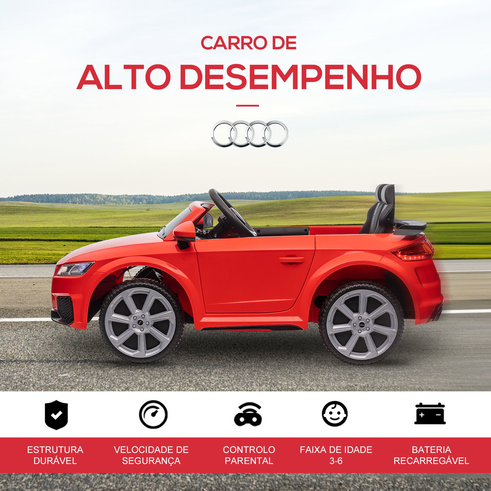 Carro elétrico audi tt para crianças acima de 3 anos com controlo remoto música e luzes bateria 12v 102x60x44 cm vermelho