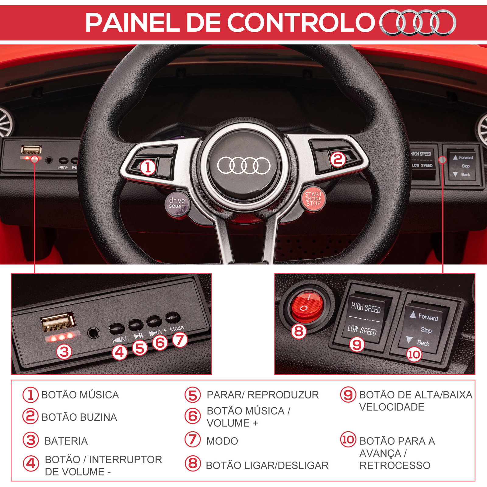 Carro elétrico audi tt para crianças acima de 3 anos com controlo remoto música e luzes bateria 12v 102x60x44 cm vermelho