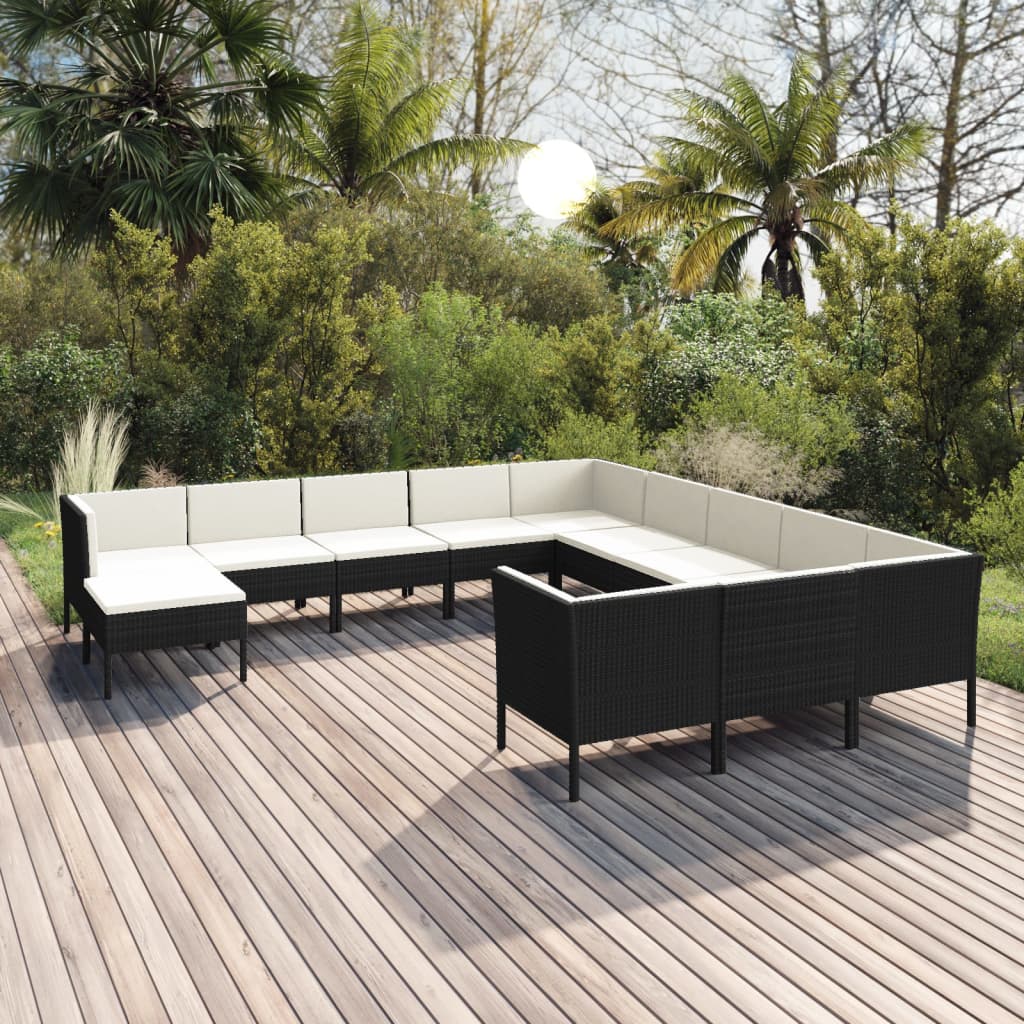 12 Pcs conjunto lounge de jardim c/ almofadões vime PE preto