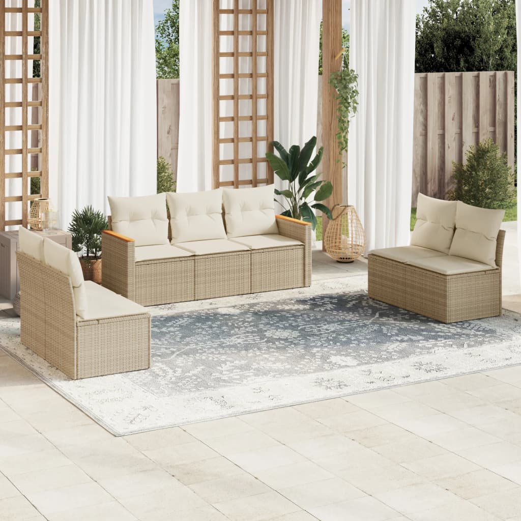 7 Pcs conjunto de sofás p/ jardim com almofadões vime PE bege