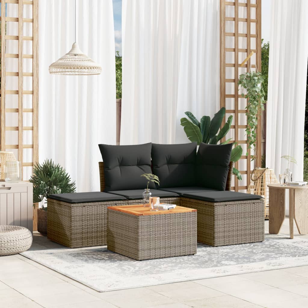 5 Pcs conjunto sofás de jardim c/ almofadões vime PE cinzento