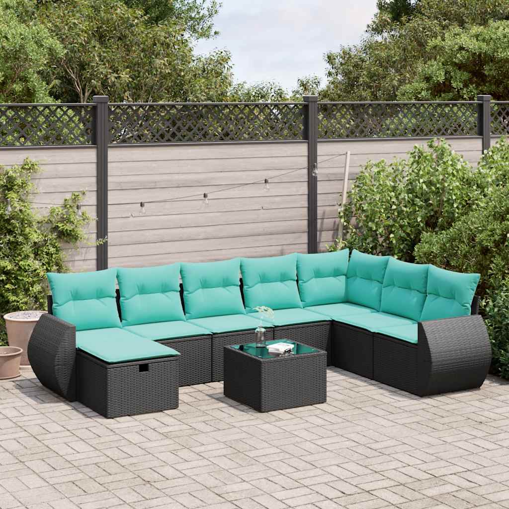 9 Pcs conjunto de sofás p/ jardim c/ almofadões vime PE preto