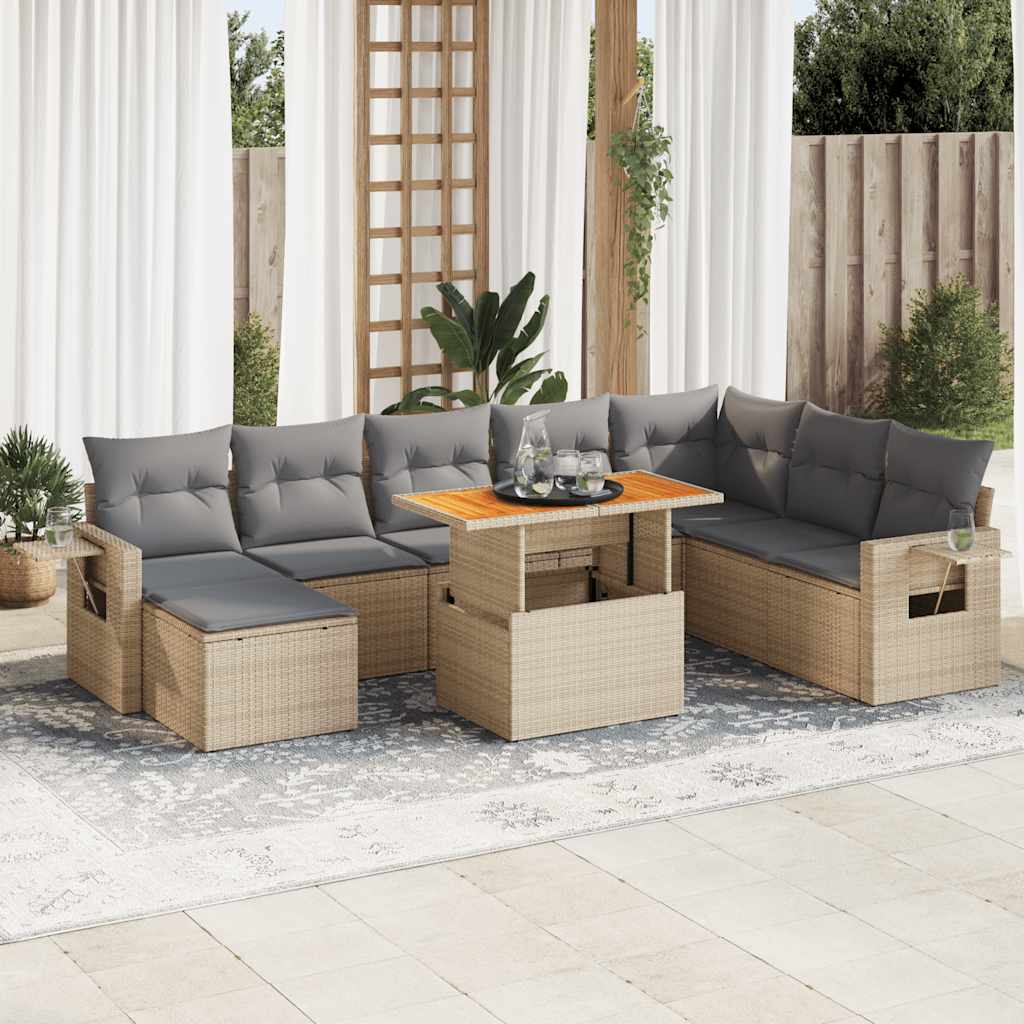 9 Pcs conjunto de sofás p/ jardim com almofadões vime PE bege