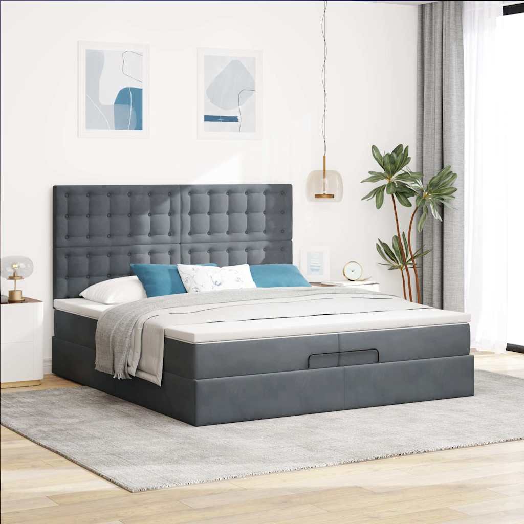 Moldura de cama otomana com colchão cinza escuro veludo