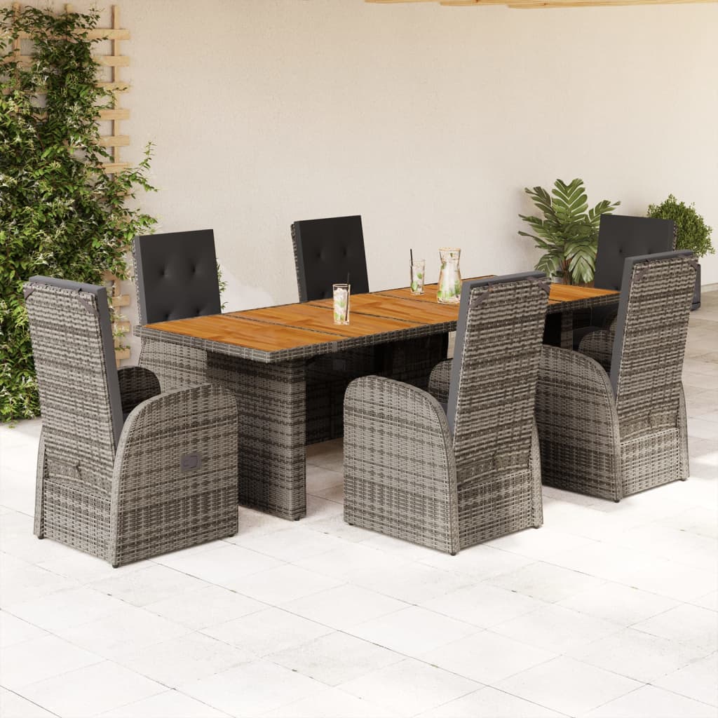 7 Pcs conjunto de jantar p/ jardim c/ almofadões vime PE cinza