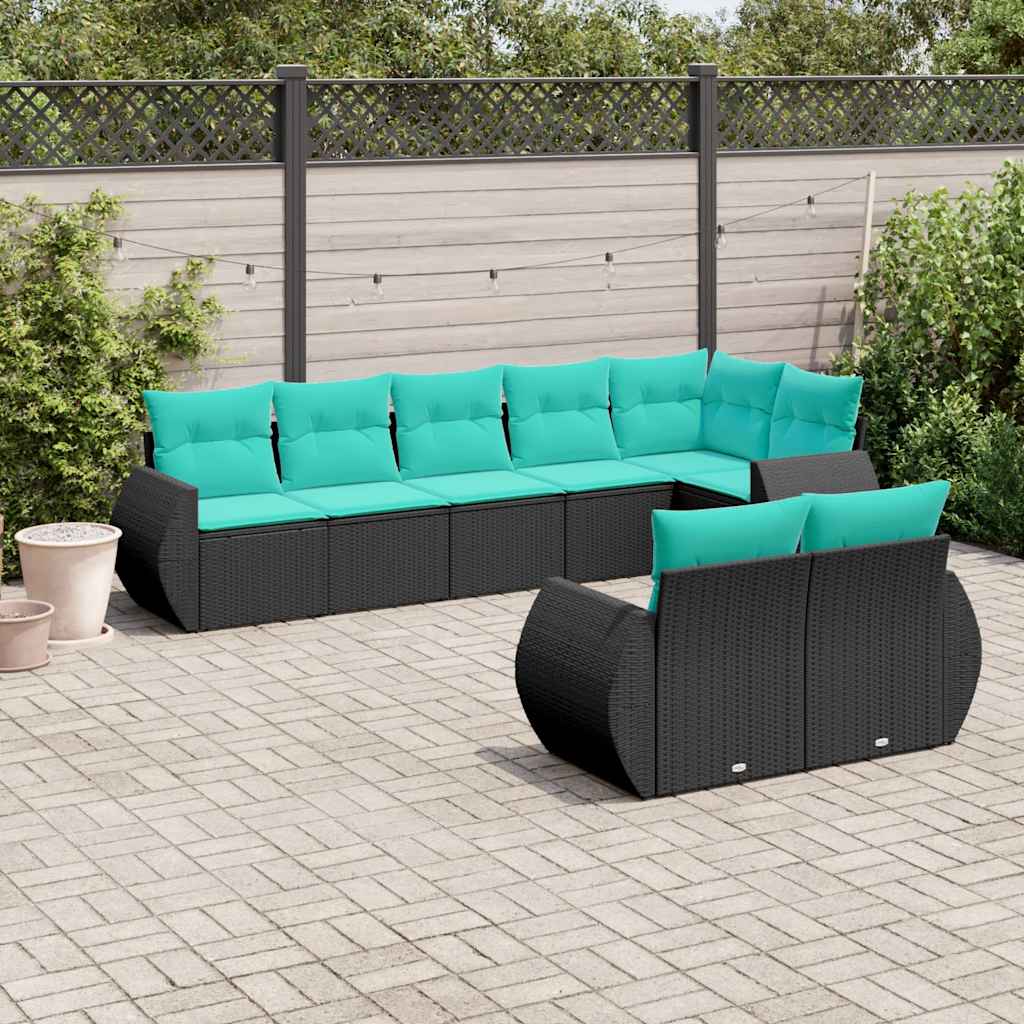 Conjunto de sofá de jardim com 8 peças e almofadas em rattan sintético preto