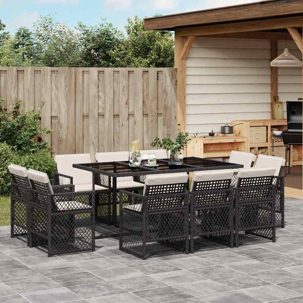 11 Pcs conjunto de jantar p/ jardim c/ almofadões vime PE preto