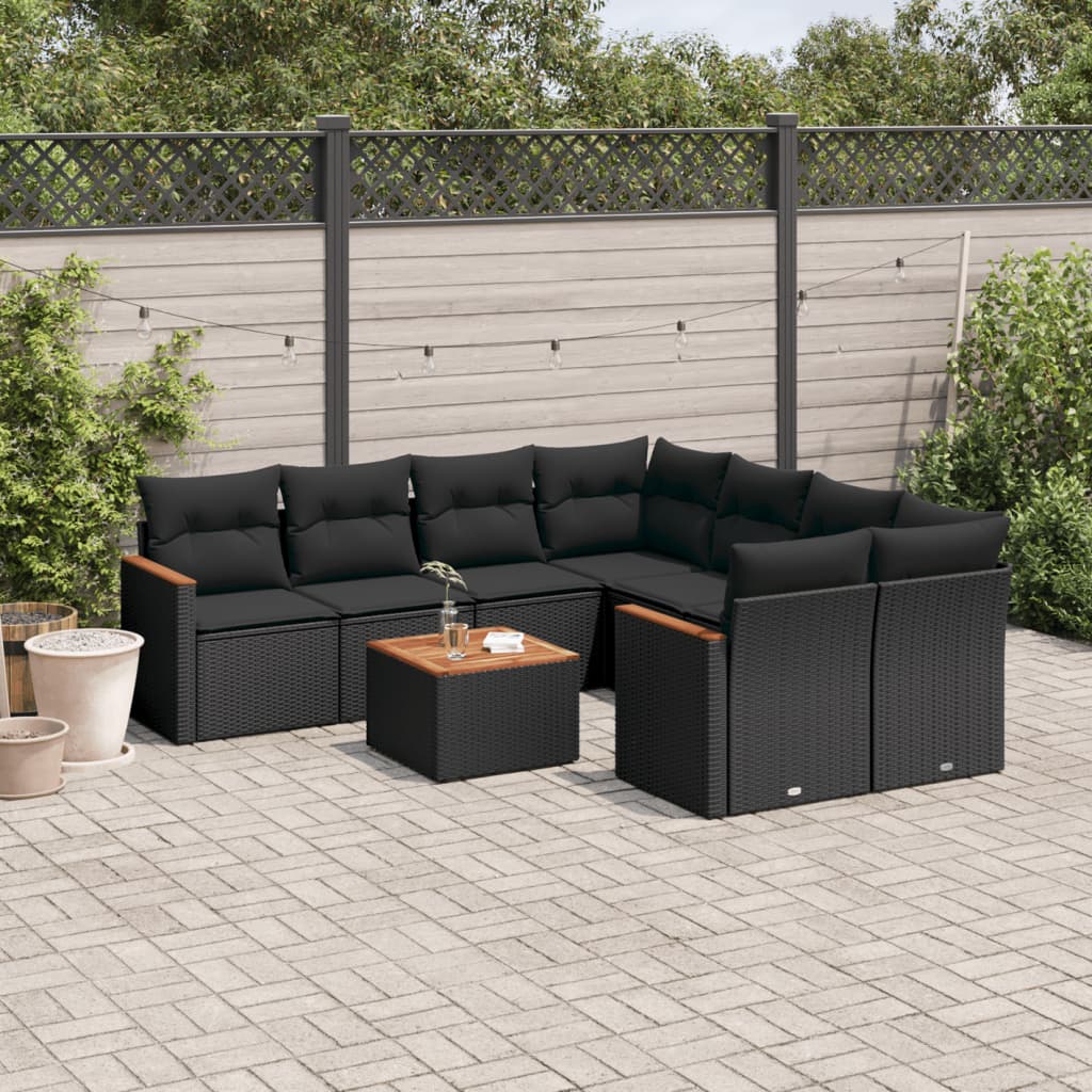 9 Pcs conjunto de sofás p/ jardim c/ almofadões vime PE preto