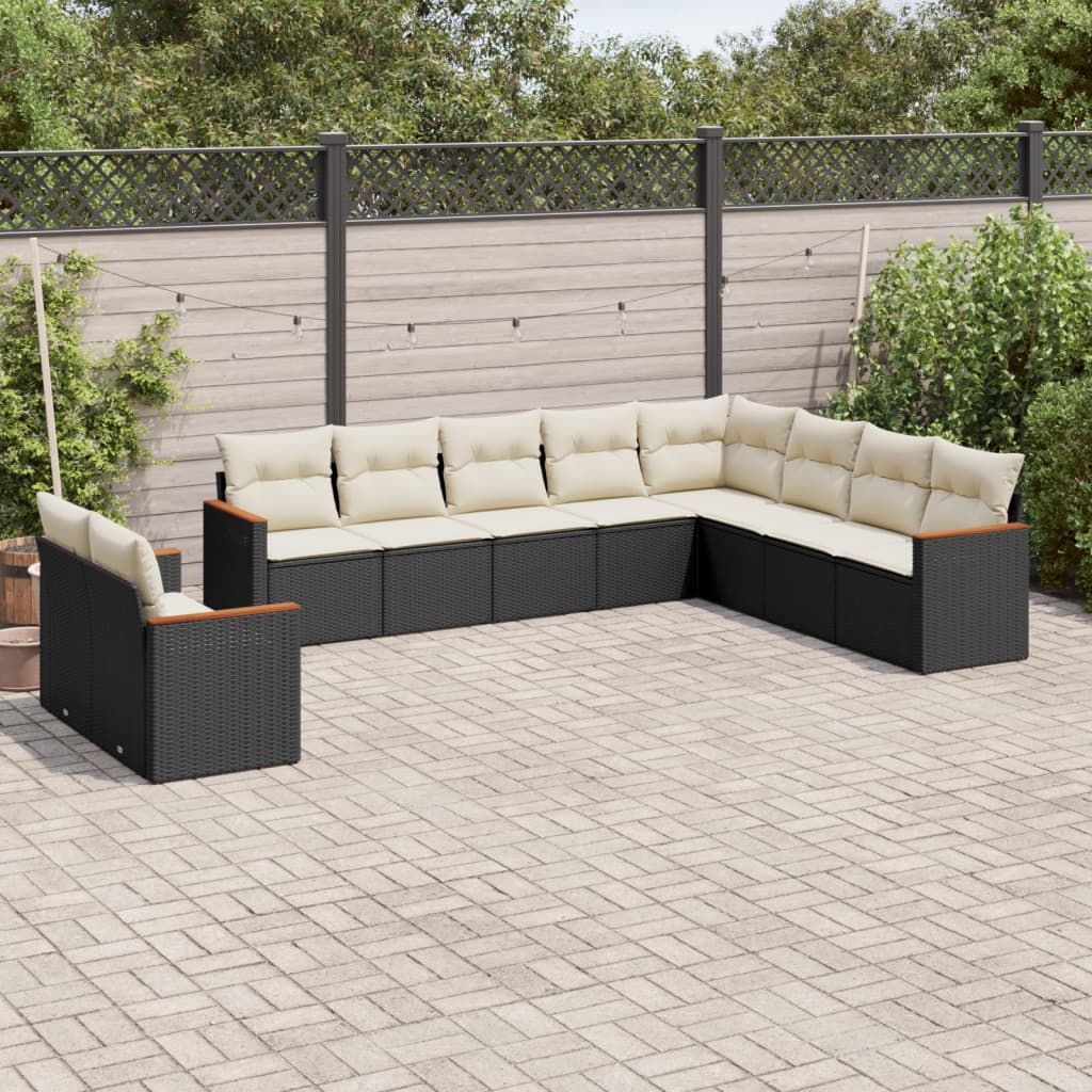 10 Pcs conjunto sofás de jardim c/ almofadões vime PE preto