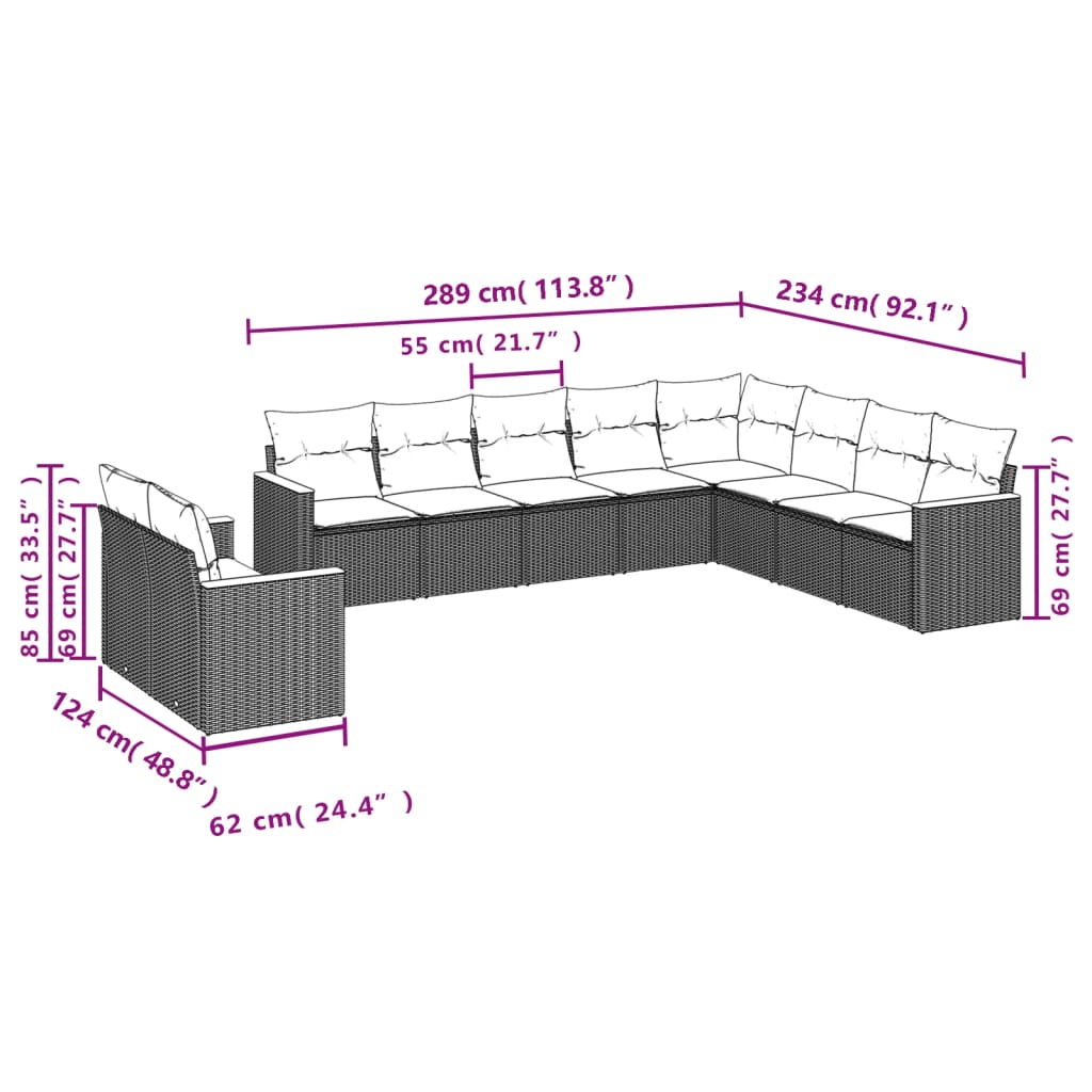 10 Pcs conjunto sofás de jardim c/ almofadões vime PE preto