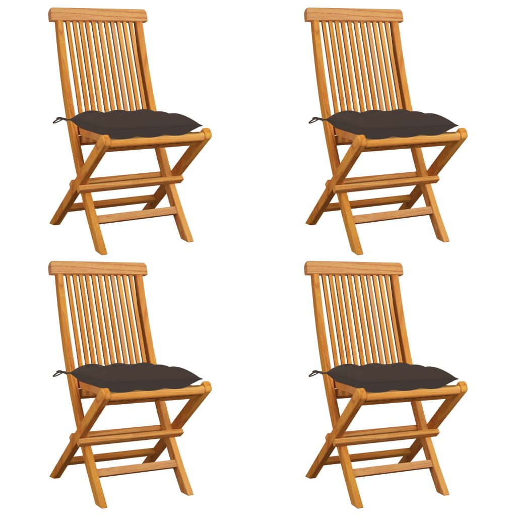Cadeiras de jardim c/ almofadões cinza-acast. 4 pcs teca maciça