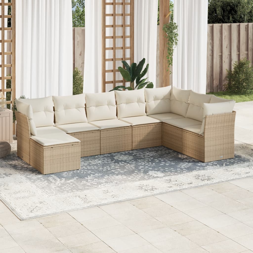 8 Pcs conjunto de sofás p/ jardim com almofadões vime PE bege