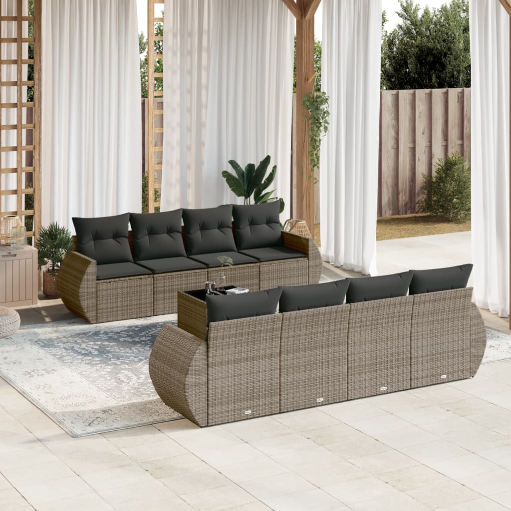 9 Pcs conjunto sofás p/ jardim com almofadões vime PE cinzento