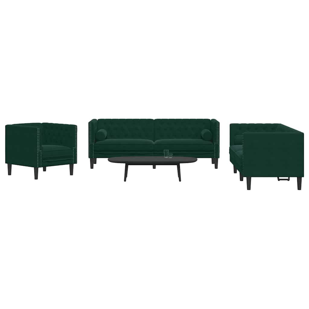 3 Pcs conj. de sofás chesterfield com rolos veludo verde-escuro
