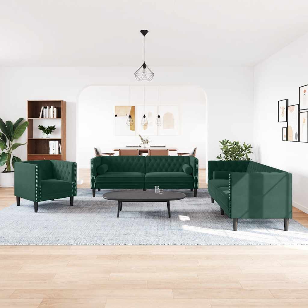 3 Pcs conj. de sofás chesterfield com rolos veludo verde-escuro
