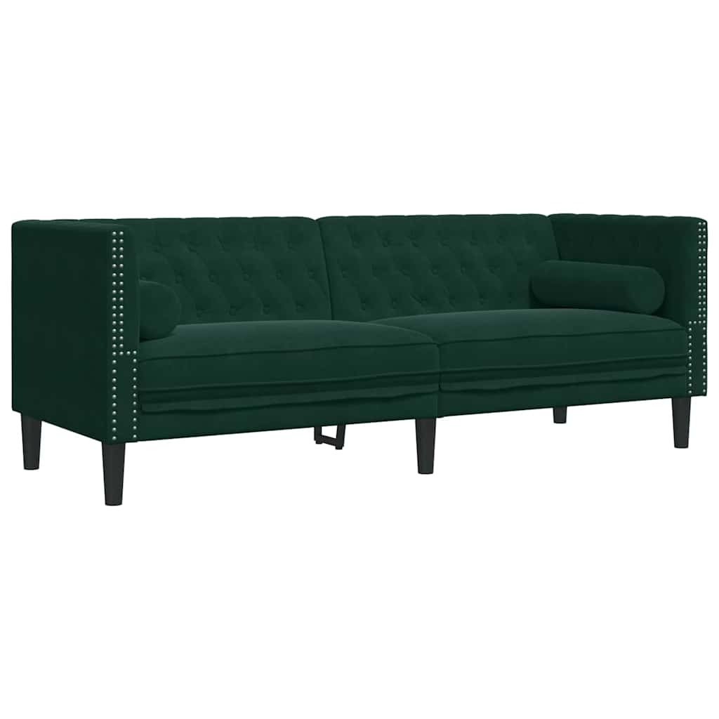 3 Pcs conj. de sofás chesterfield com rolos veludo verde-escuro