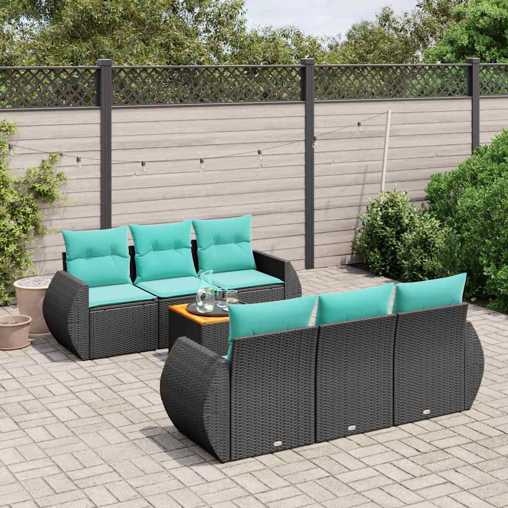 Conjunto de sofá de jardim com 7 peças e almofadas em rattan sintético preto